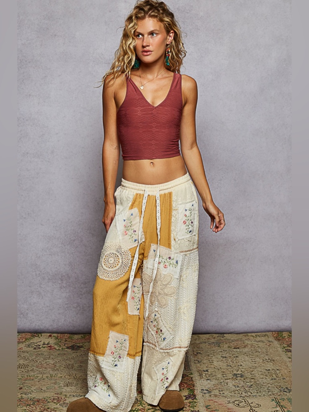 POL Patchwork Cream and Mustard Top and Wide-Leg pant set - Picture 5 of 12